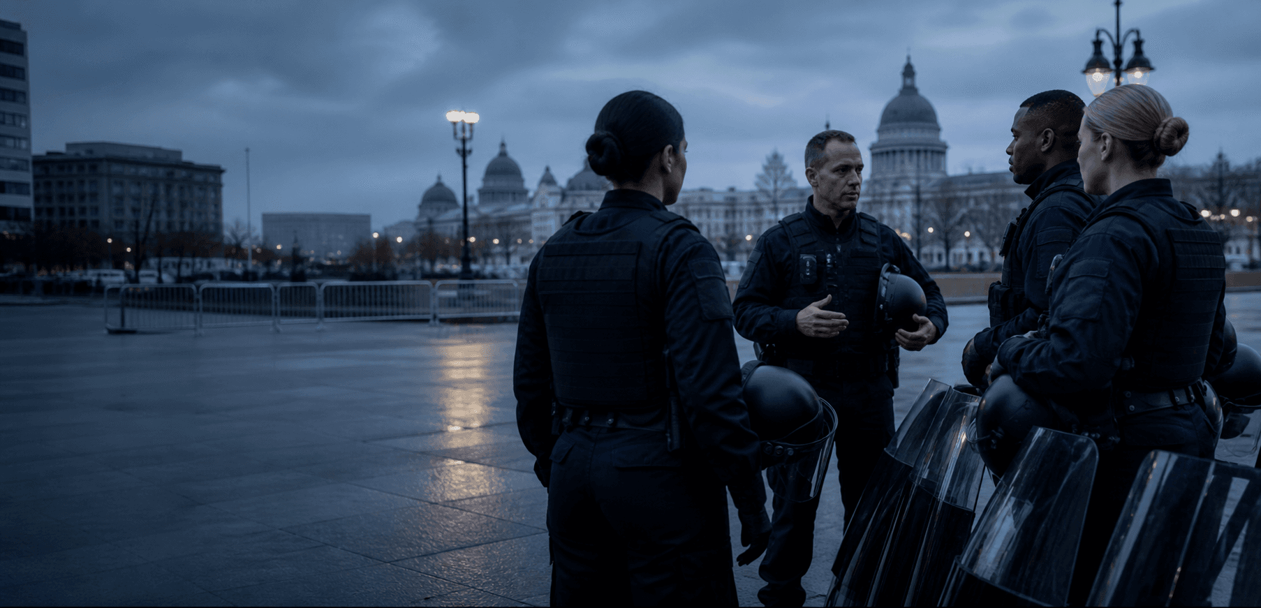 A civil disturbance team conducting a calm pre-event briefing beside a public civic plaza