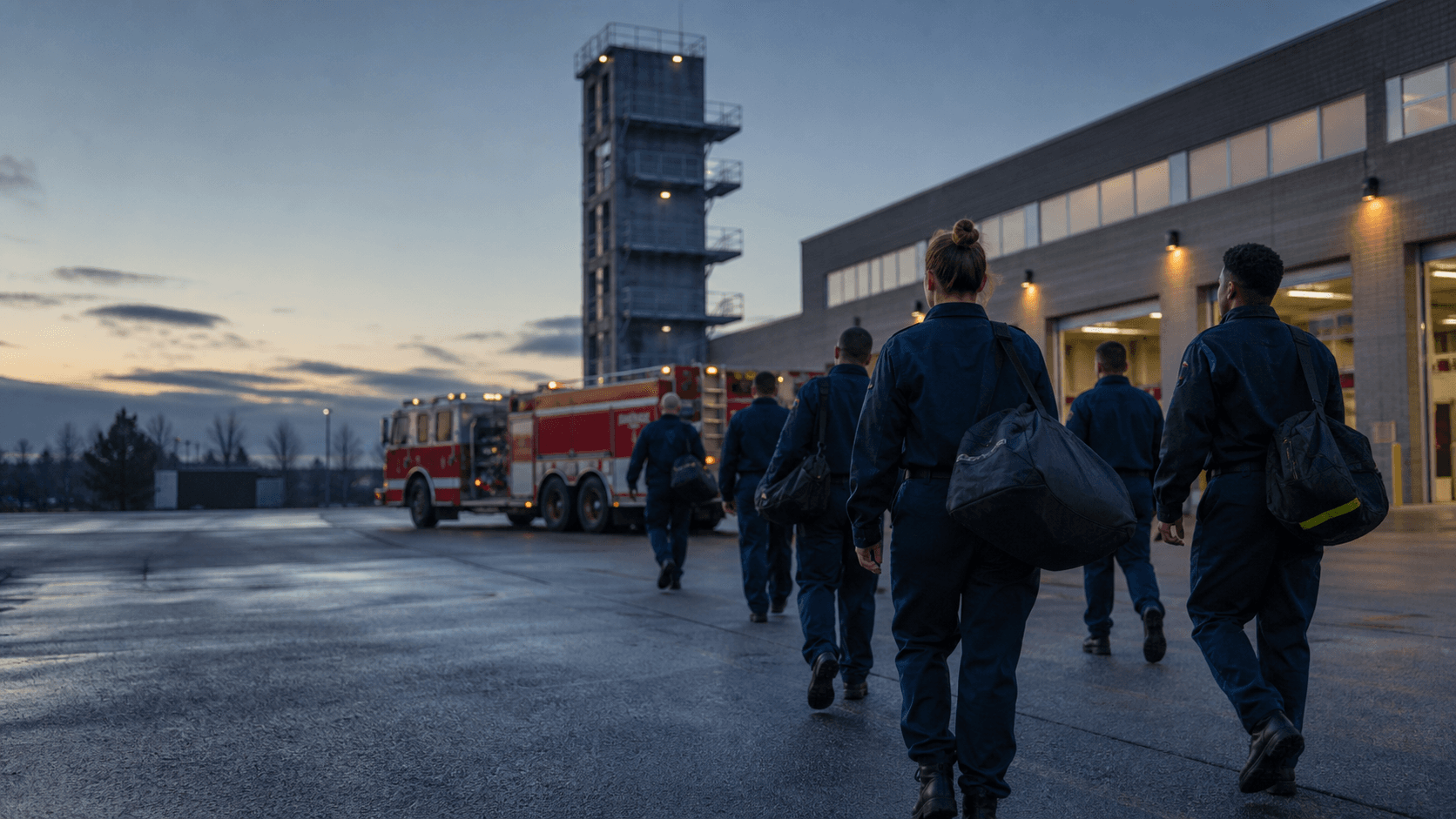 A diverse group of firefighter recruits walking toward a fire training facility at dawn